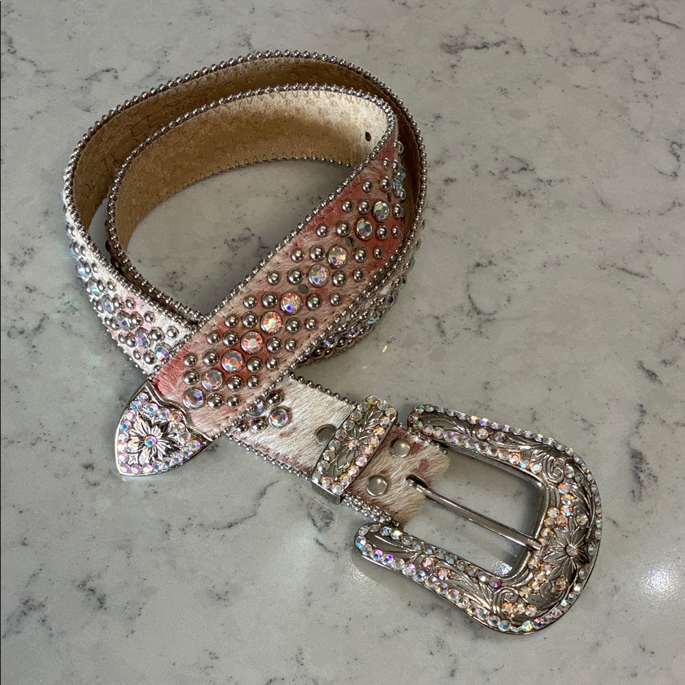 B.B. Simon Pink Iridescent Crystal Western Buckle Belt